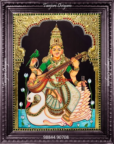 Saraswathi Authentic Tanjore Style painting seated swan veena parrot gold foil artwork